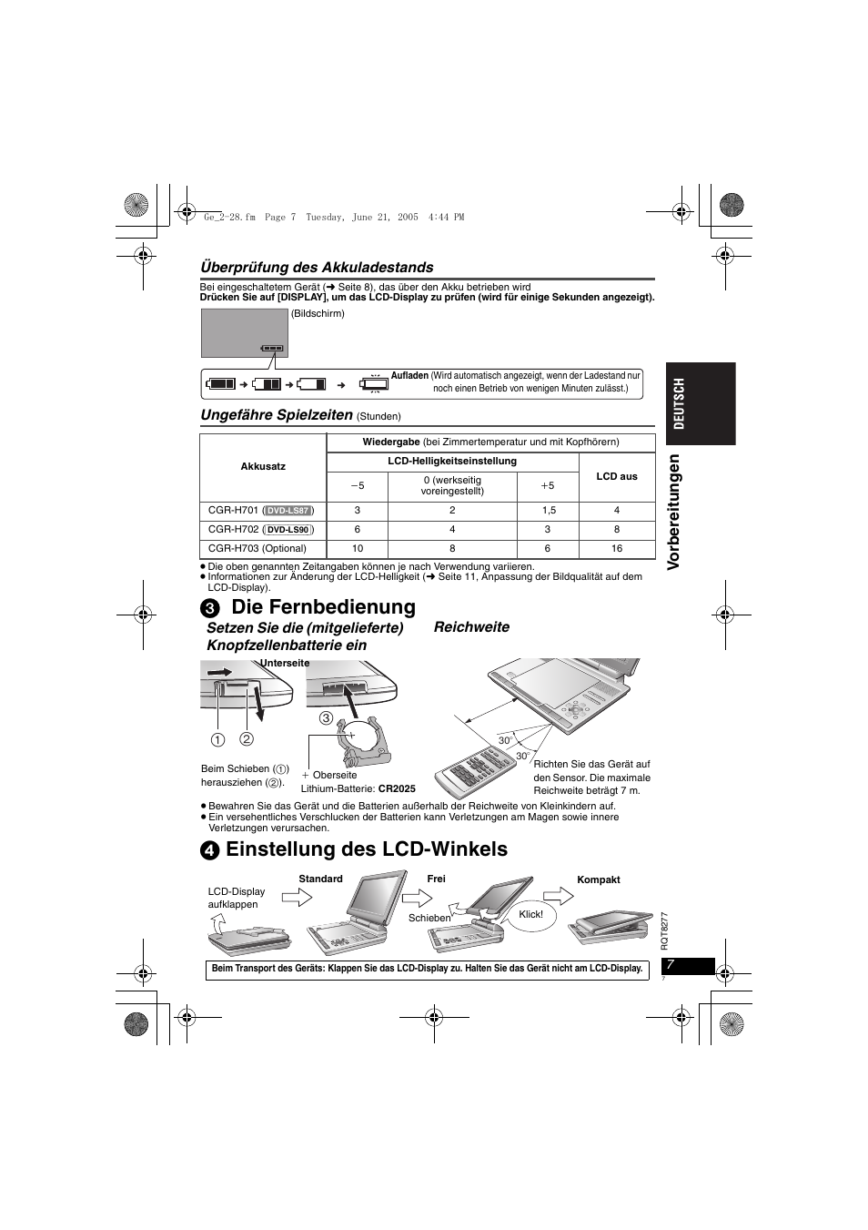 3 die fernbedienung 4 einstellung des lcd-winkels, Vo rbe rei tung en, Überprüfung des akkuladestands | Ungefähre spielzeiten | Panasonic DVDLS90 User Manual | Page 7 / 56