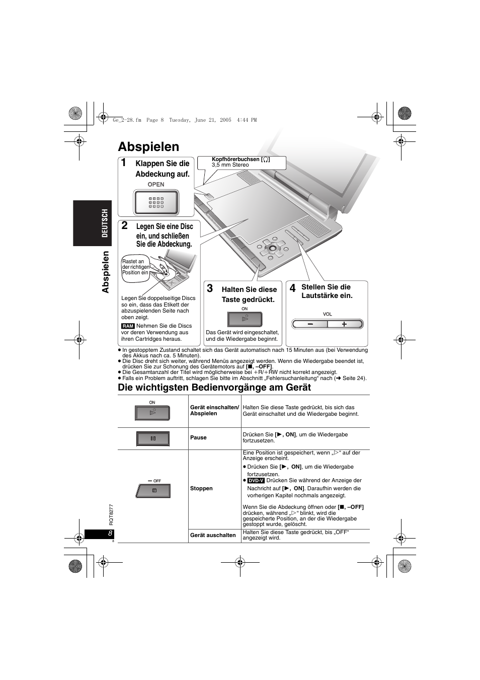 Abspielen, Die wichtigsten bedienvorgänge am gerät, Abspi elen | Panasonic DVDLS90 User Manual | Page 8 / 56