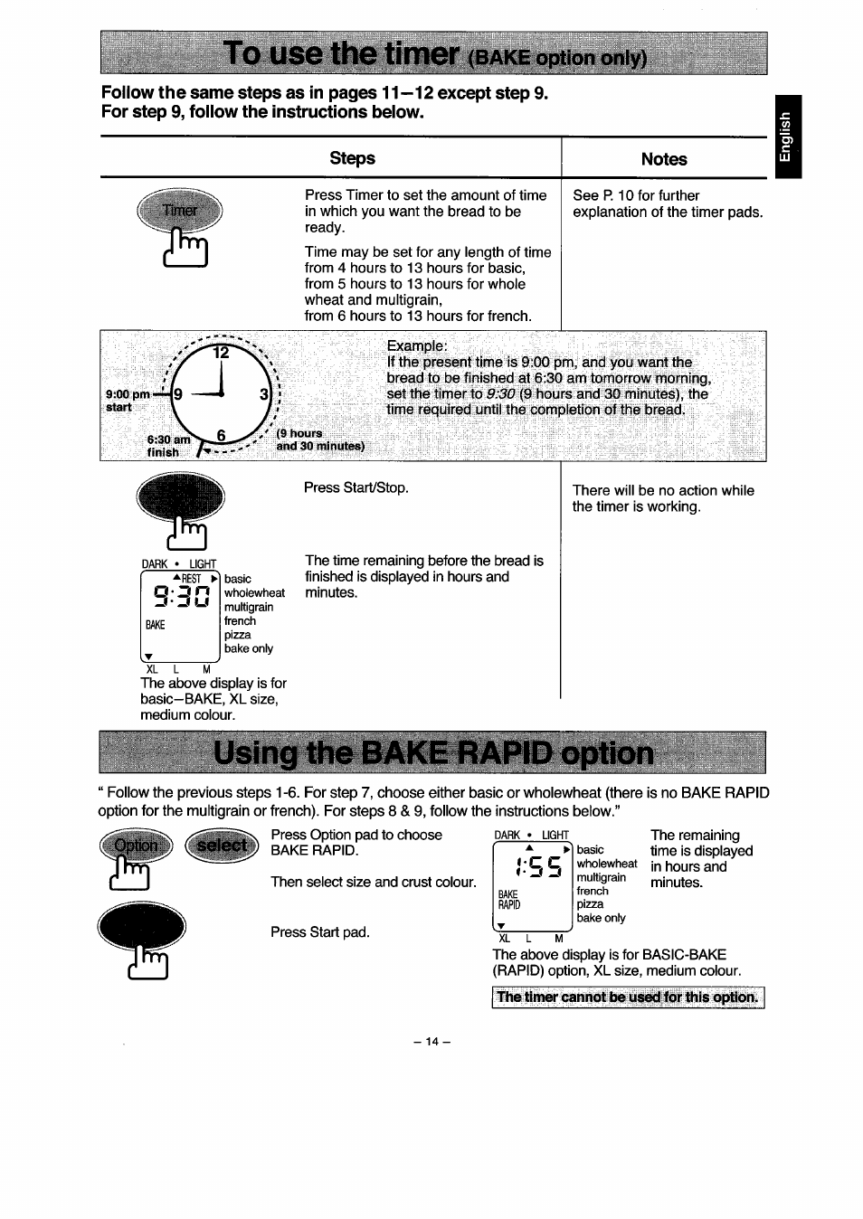 To use the timer (bake option only), Steps, Notes | Using the bake rapid option, I-c c, Bake option only) | Panasonic SD251 User Manual | Page 15 / 64