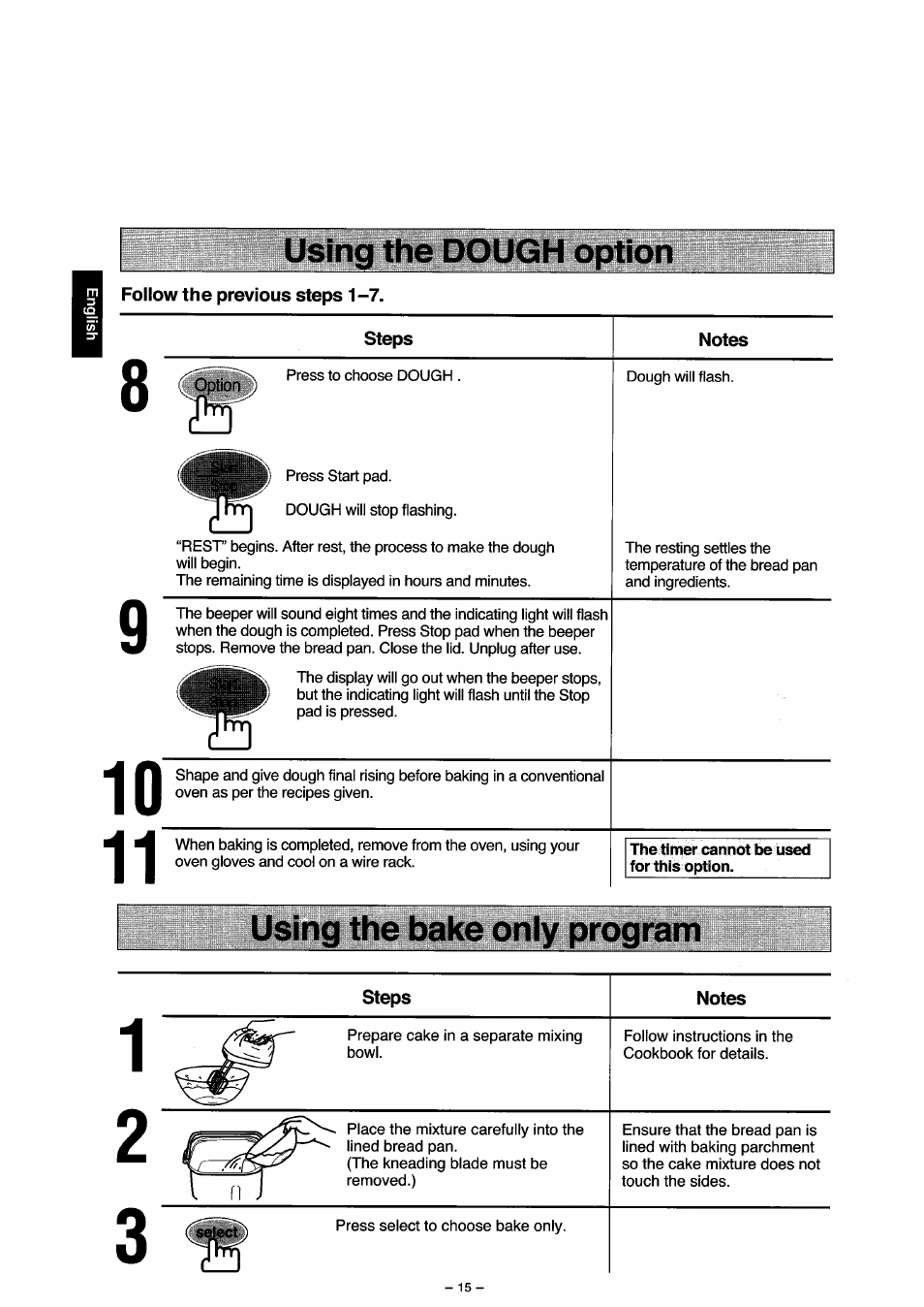 Using the dough option, Follow the previous steps 1-7, Using the bake only program | Steps, Notes | Panasonic SD251 User Manual | Page 16 / 64