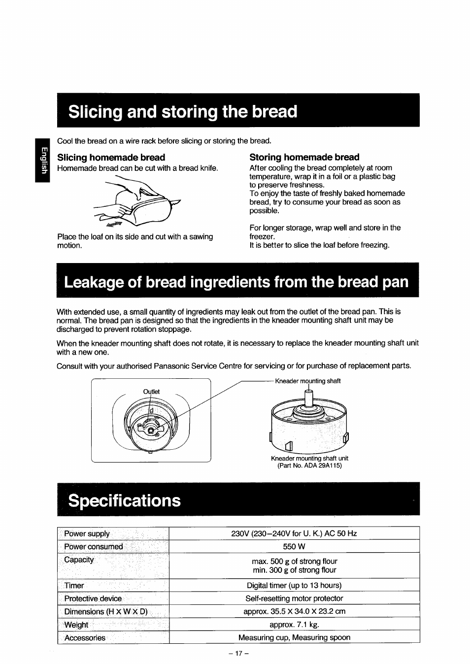 Slicing and storing the bread, Slicing homemade bread, Storing homemade bread | Leakage of bread ingredients from the bread pan, Specifications | Panasonic SD251 User Manual | Page 18 / 64