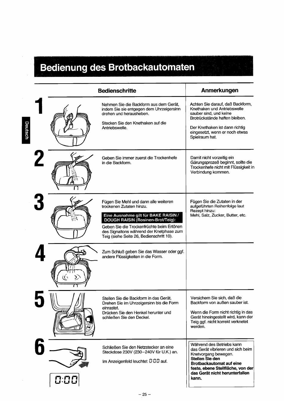 Bedienung des brotbackautomaten, Aufstellen des brotbackautomaten | Panasonic SD251 User Manual | Page 26 / 64