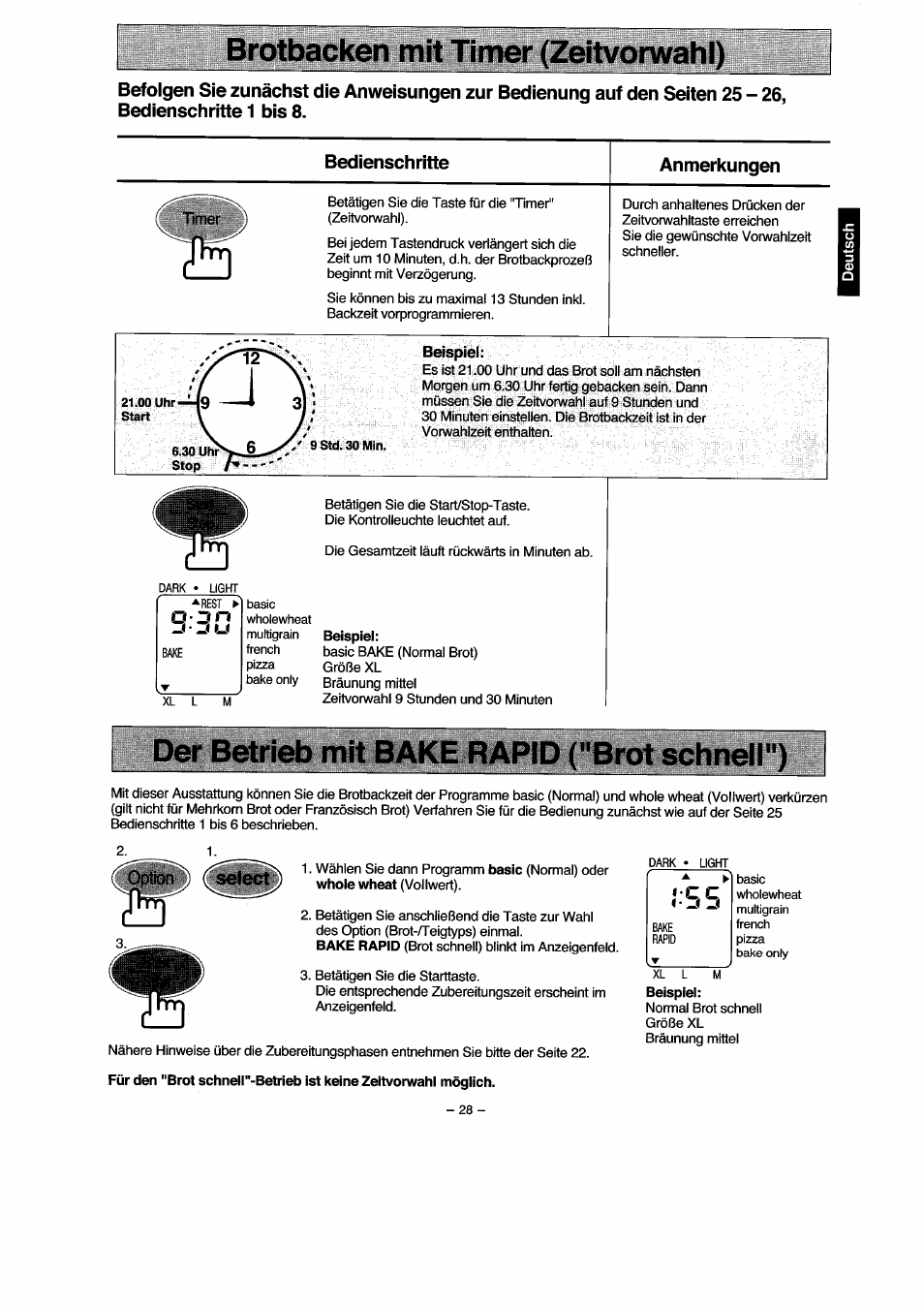 Brotbacken mit timer (zeitvorwahi), Bedienschritte, Anmerkungen | Timer, Beispiel, Der betrieb mit bake rapid ("brot schnell"), Brotbacken mit zeitvorwahl, Der betrieb mit "brot schnell, I option ( select ) | Panasonic SD251 User Manual | Page 29 / 64
