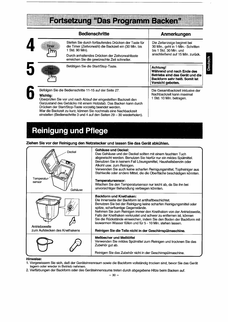 Fortsetzung "das programm backen, Gehäuse und deckel, Temperatursensor | Backform und knethaken, Hinweise, Jtro, Reinigung und pflege | Panasonic SD251 User Manual | Page 31 / 64