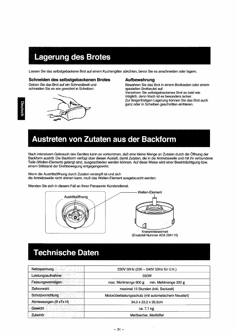 Lagerung des brotes, Schneiden des selbstgebackenen brotes, Aufbewahrung | Austreten von zutaten aus der backform, Technische daten | Panasonic SD251 User Manual | Page 32 / 64