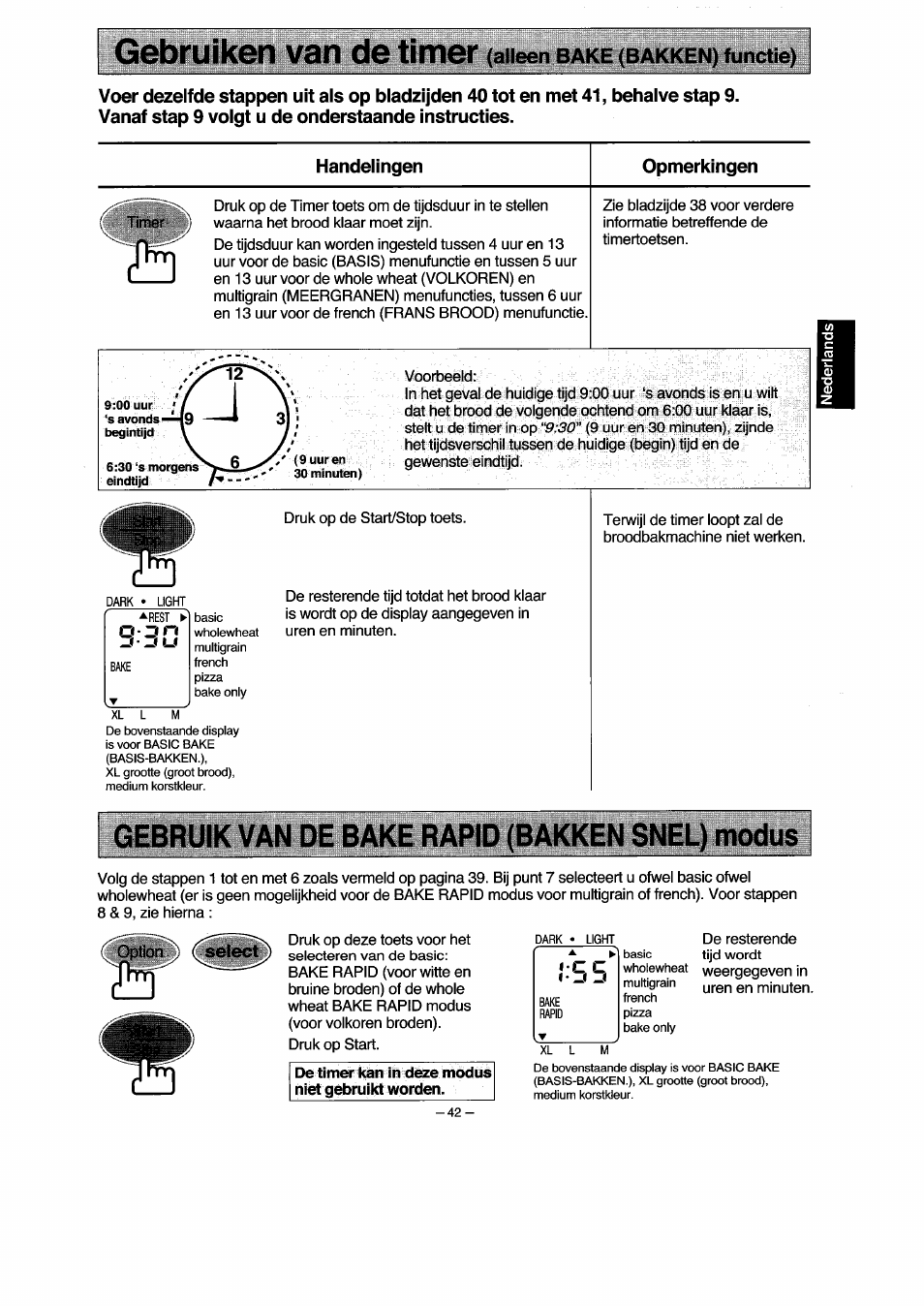 Handelingen, Opmerkingen, Gebruik van de bake rapid (bakken snel) modus | Gebruikvan de bake rapid modus, Gebruiken van de timer, Aiieen, Functie) | Panasonic SD251 User Manual | Page 43 / 64