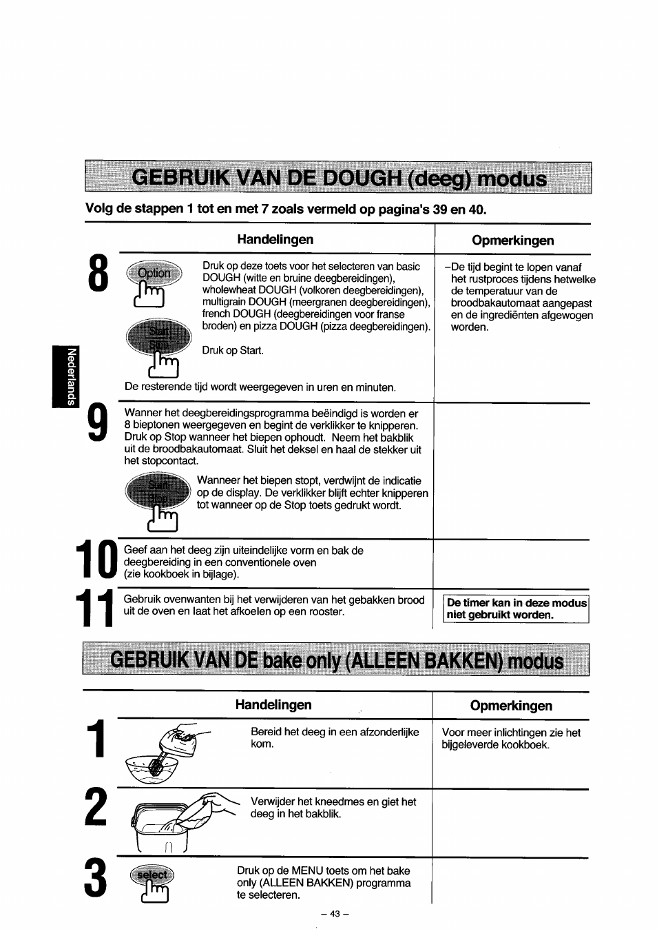 Handelingen, Opmerkingen, De timer kan in deze modus niet gebruikt worden | Gebruik van de bake only (alleen bakken) modus, Gebruik van de dough (deeg) modus | Panasonic SD251 User Manual | Page 44 / 64
