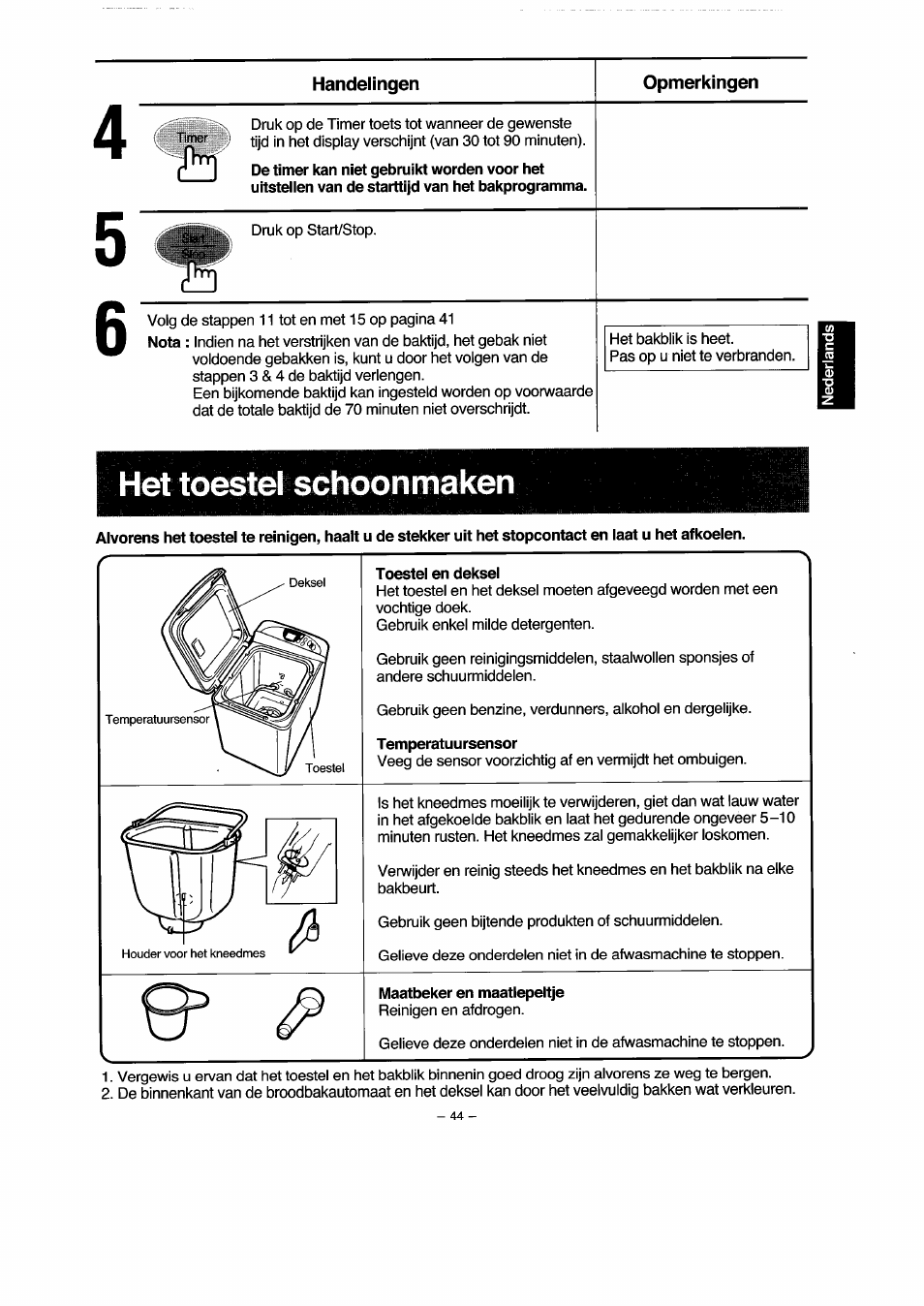 Het toestel schoonmaken, Toestel en deksel, Maatbeker en maatlepeltje | Hettoestel schoonmaken | Panasonic SD251 User Manual | Page 45 / 64
