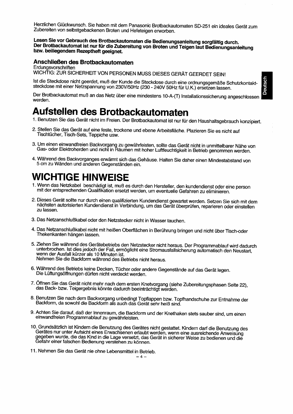 Anschließen des brotbackautomaten, Aufstellen des brotbackautomaten, Wichtige hinweise | Bedienung des brotbackautomaten -30 | Panasonic SD251 User Manual | Page 5 / 64