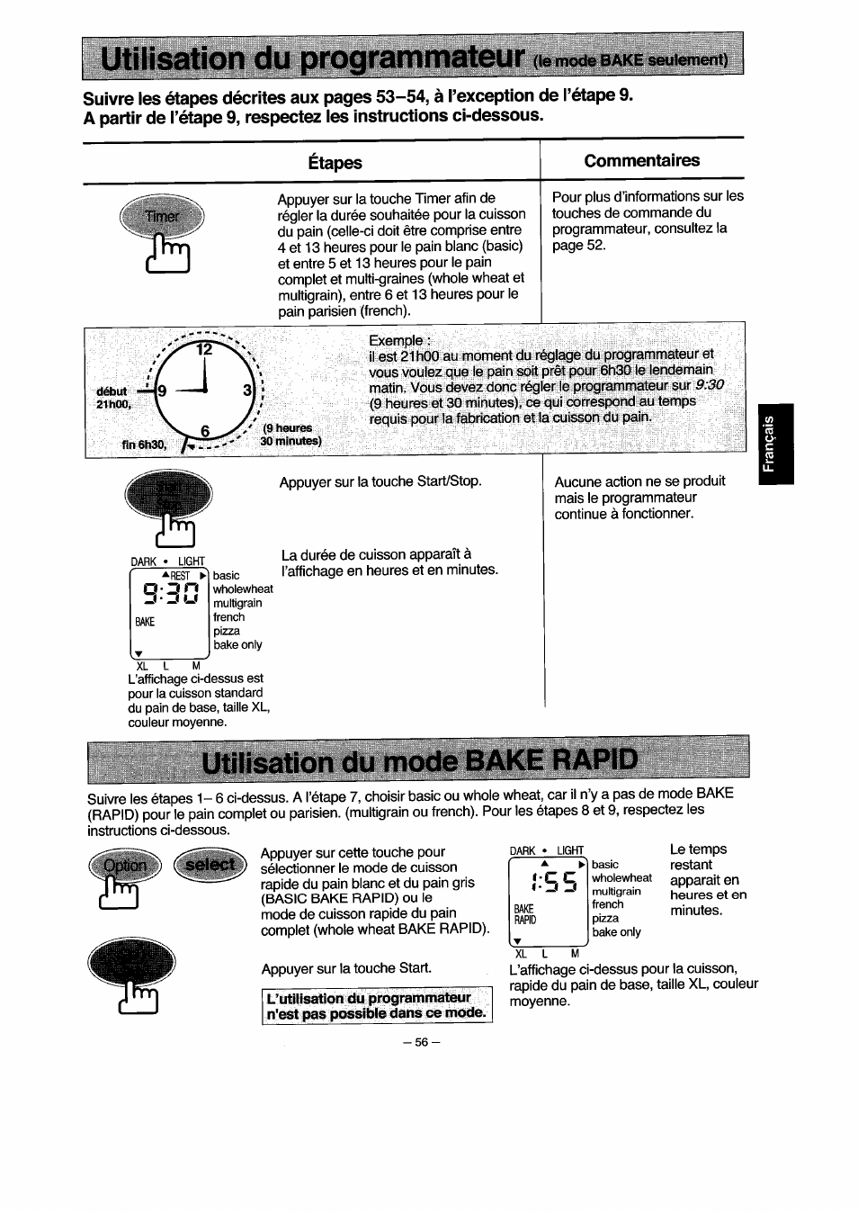 Étapes, Commentaires, Utilisation du mode bake rapid | Utilisation du programmateur | Panasonic SD251 User Manual | Page 57 / 64