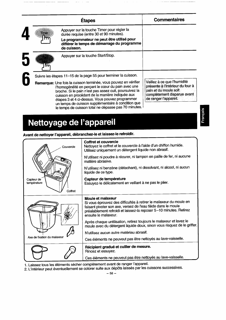 Coffret et couvercle, Moule et malaxeur, Récipient gradué et cuiiler de mesure | Nettoyage de l’appareil | Panasonic SD251 User Manual | Page 59 / 64