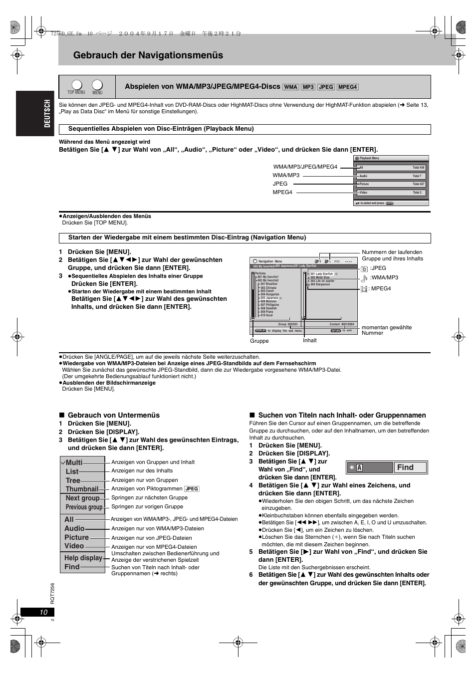 Gebrauch der navigationsmenüs, Abspielen von wma/mp3/jpeg/mpeg4-discs, Find | Panasonic DVDS97EG User Manual | Page 10 / 116