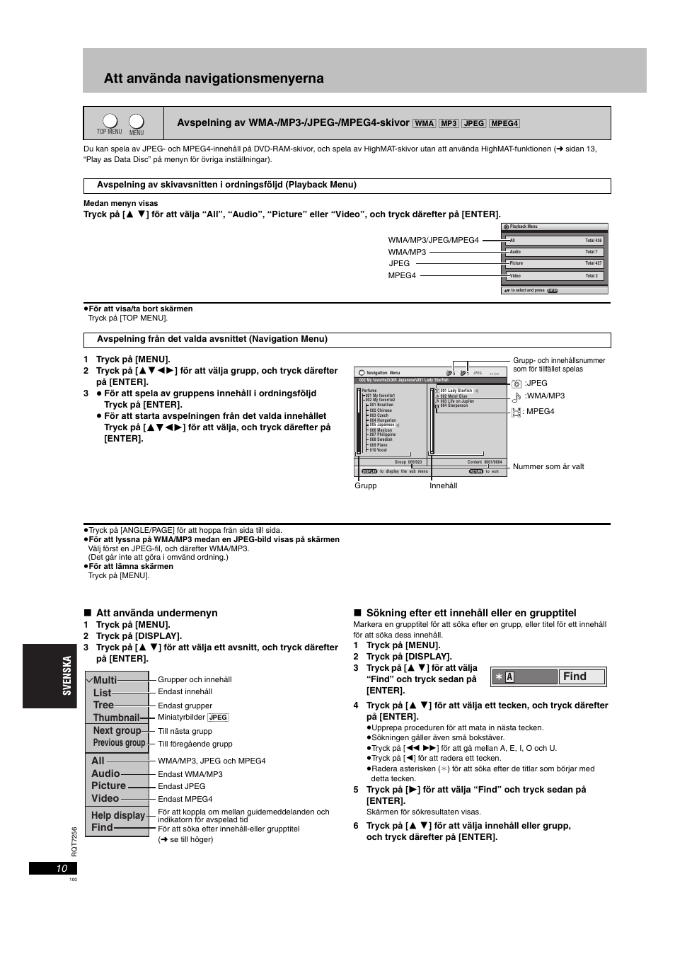 Att använda navigationsmenyerna, Avspelning av wma-/mp3-/jpeg-/mpeg4-skivor, Find | Panasonic DVDS97EG User Manual | Page 100 / 116