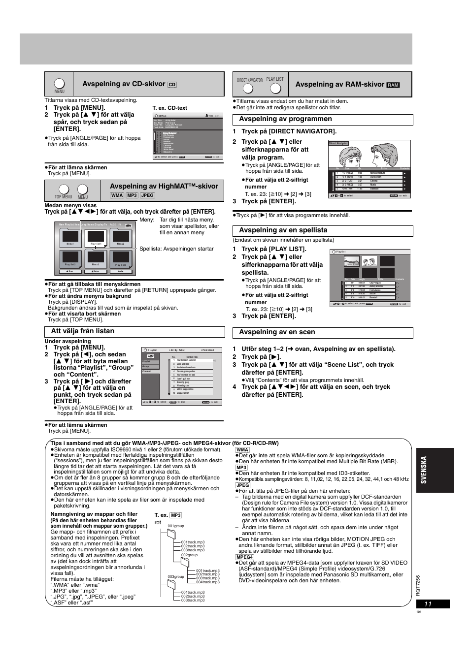 Avspelning av cd-skivor, Sidan 11, Sidan 11) | Avspelning av highmat™-skivor, Att välja från listan, Avspelning av ram-skivor, 3 tryck på [enter | Panasonic DVDS97EG User Manual | Page 101 / 116