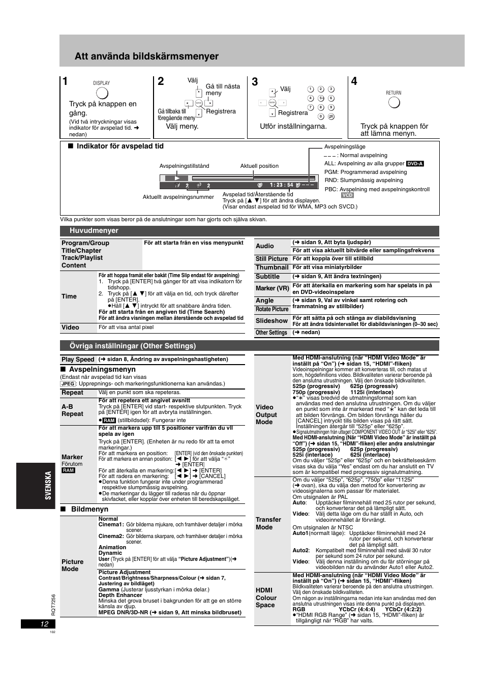 Att använda bildskärmsmenyer, Huvudmenyer, Sidan 12 | Sidan 12) | Panasonic DVDS97EG User Manual | Page 102 / 116