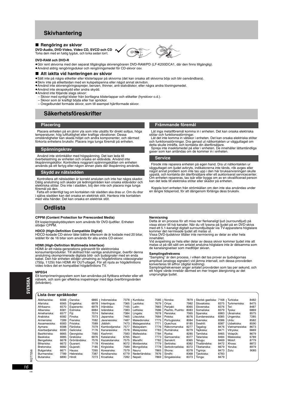 Skivhantering säkerhetsföreskrifter ordlista, 16, o, Skivhantering | Säkerhetsföreskrifter, Ordlista, Rengöring av skivor, Att iaktta vid hanteringen av skivor | Panasonic DVDS97EG User Manual | Page 106 / 116