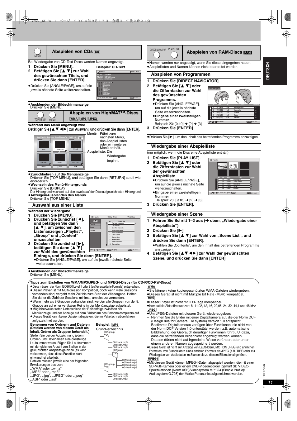 Seite 11), Abspielen von cds, Abspielen von highmat™-discs | Auswahl aus einer liste, Abspielen von ram-discs, 3 drücken sie [enter | Panasonic DVDS97EG User Manual | Page 11 / 116