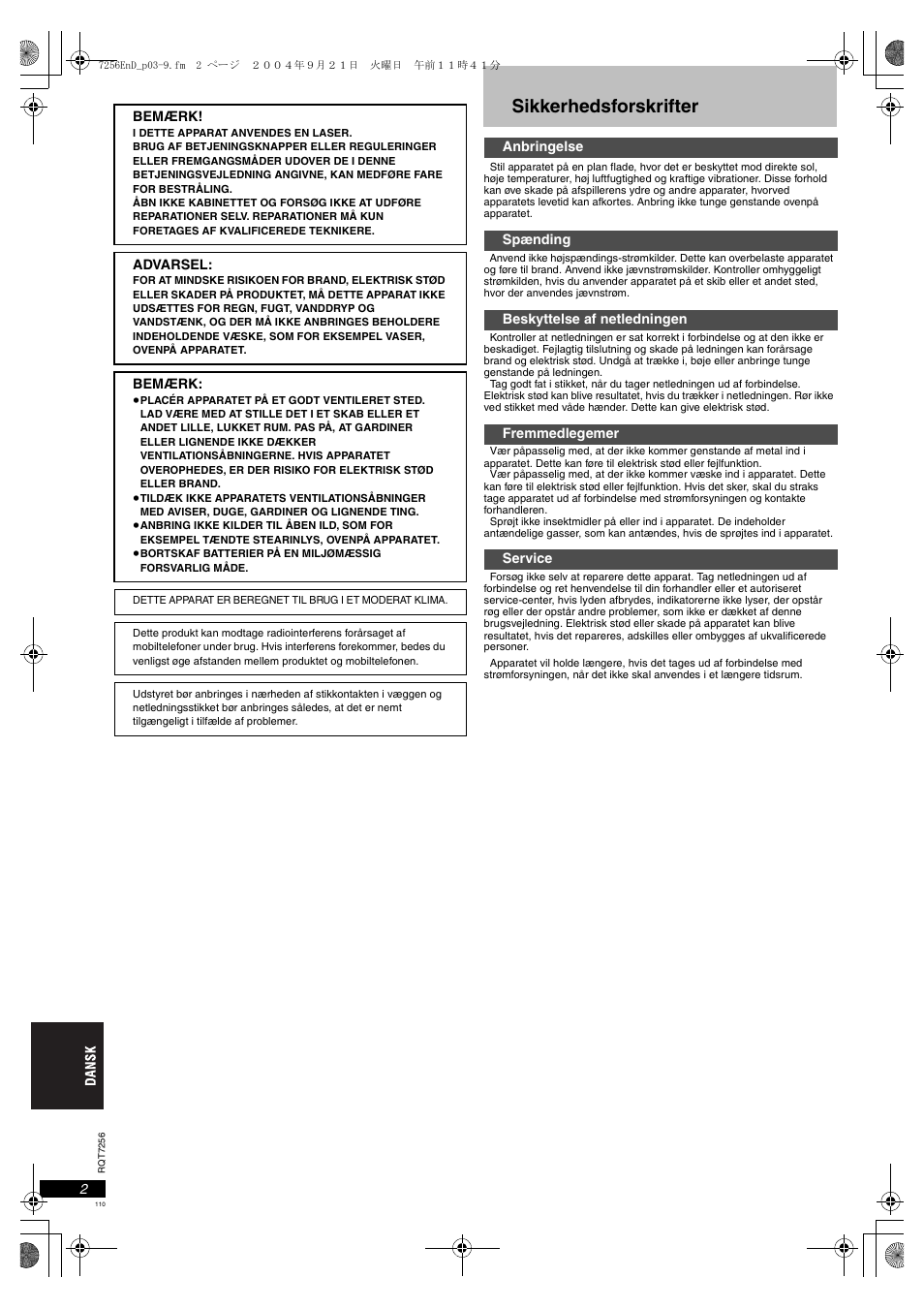 Sikkerhedsforskrifter | Panasonic DVDS97EG User Manual | Page 110 / 116