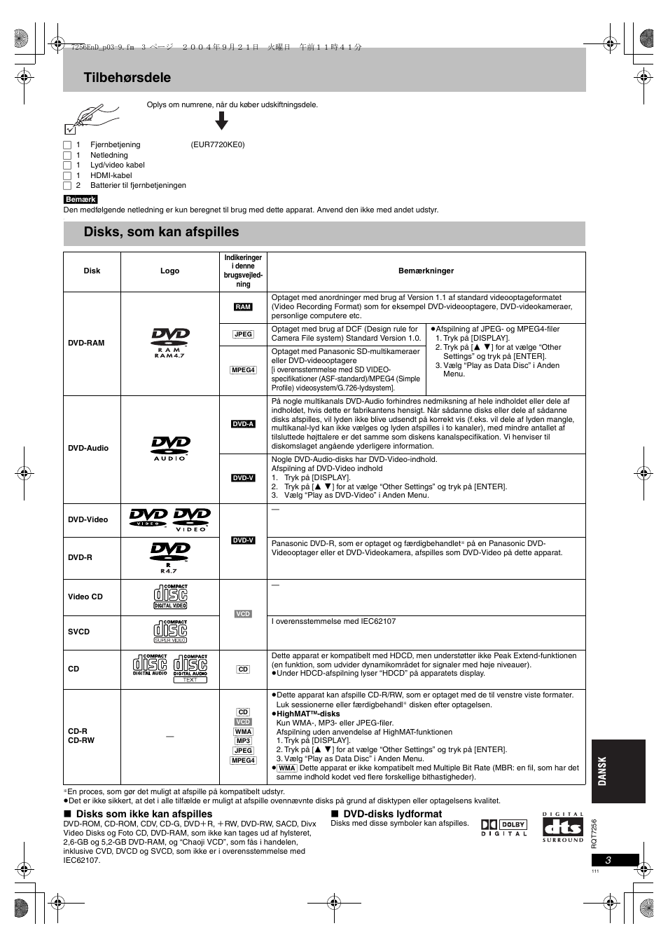 Tilbehørsdele, Disks, som kan afspilles | Panasonic DVDS97EG User Manual | Page 111 / 116