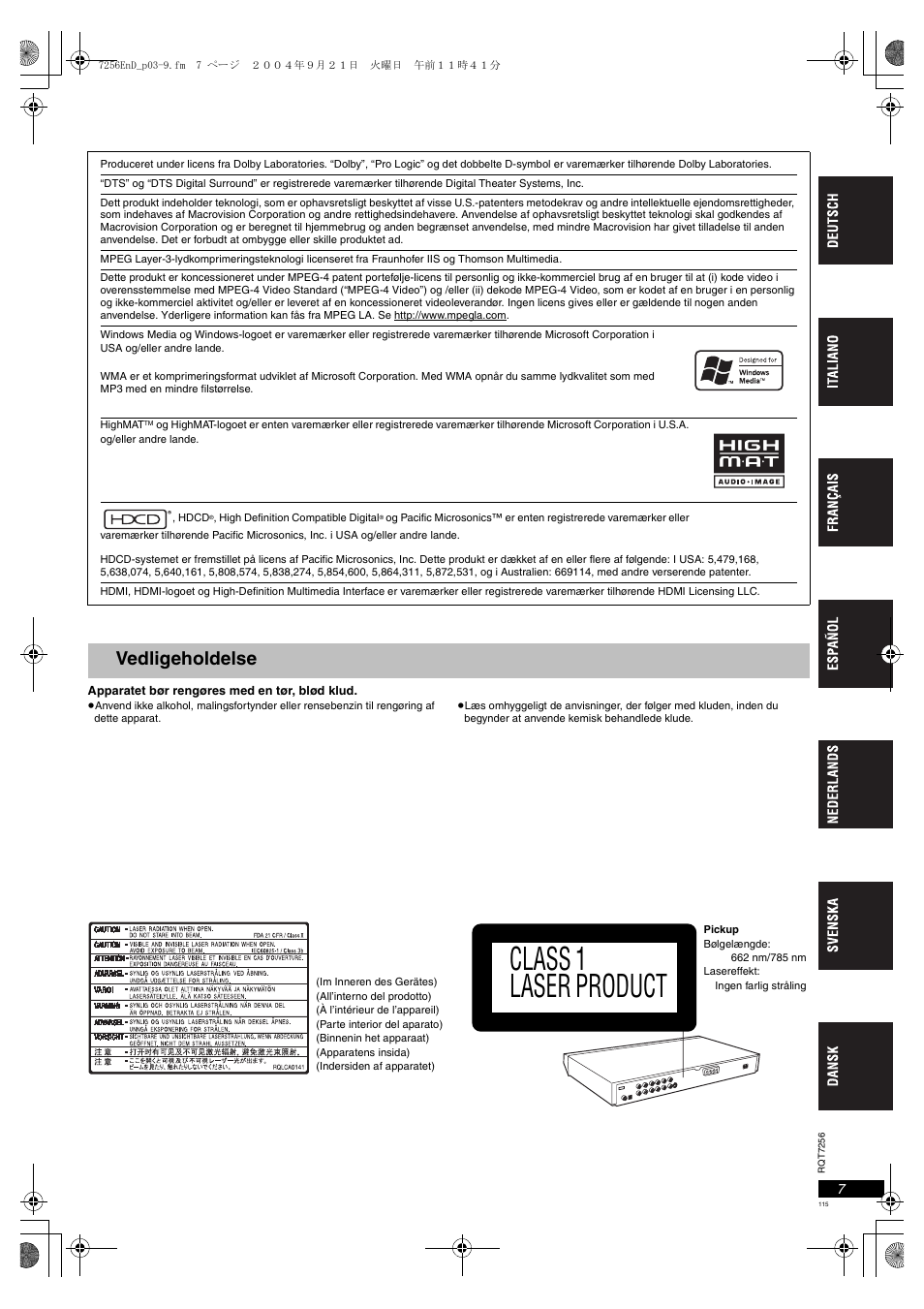 Class 1 laser product, Vedligeholdelse | Panasonic DVDS97EG User Manual | Page 115 / 116