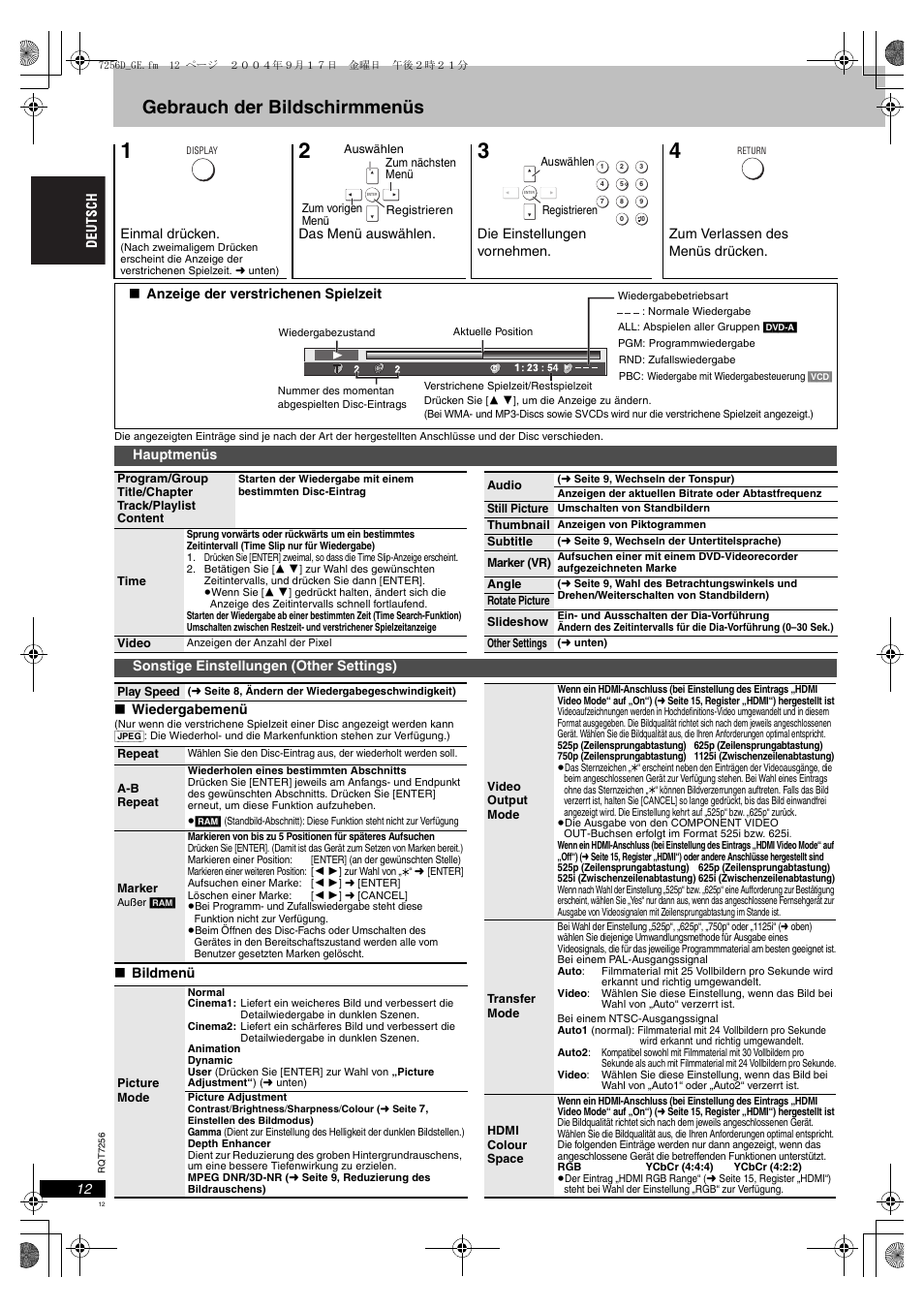 Gebrauch der bildschirmmenüs, Hauptmenüs sonstige einstellungen (other settings), Seite 12 | Seite 12) | Panasonic DVDS97EG User Manual | Page 12 / 116