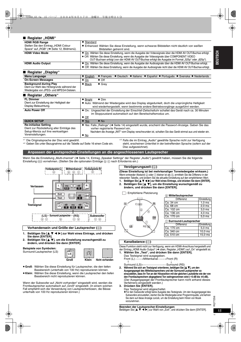 Anpassen der lautsprecher-einstellungen an die, Angeschlossenen lautsprecher, E 15 | 15, re, Seite 15, 15, r | Panasonic DVDS97EG User Manual | Page 15 / 116