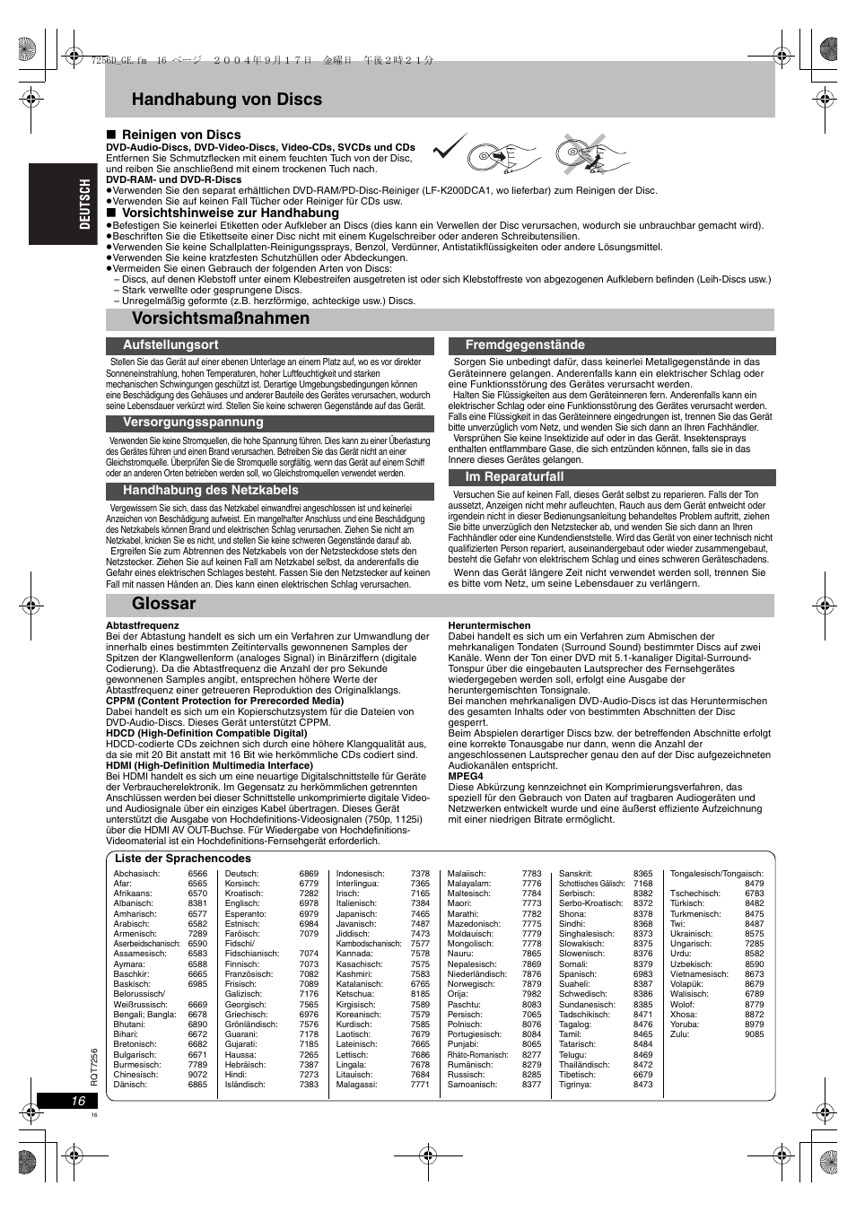 Vorsichtsmaßnahmen glossar, Seite 16, E 16 | Ite 16, glossa, Handhabung von discs, Vorsichtsmaßnahmen, Glossar, Reinigen von discs, Vorsichtshinweise zur handhabung | Panasonic DVDS97EG User Manual | Page 16 / 116