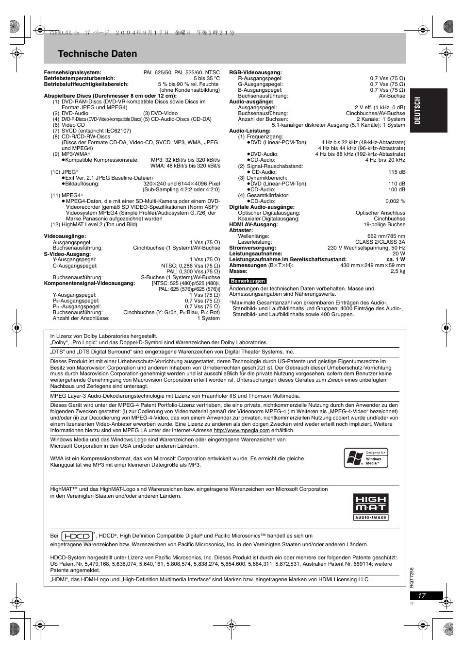 Technische daten | Panasonic DVDS97EG User Manual | Page 17 / 116