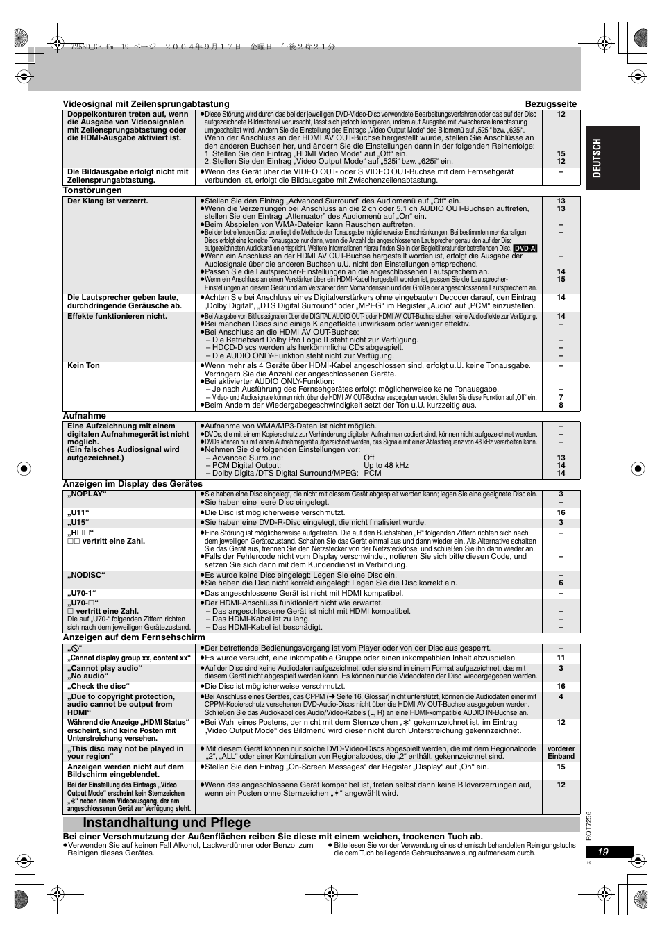 Instandhaltung und pflege | Panasonic DVDS97EG User Manual | Page 19 / 116