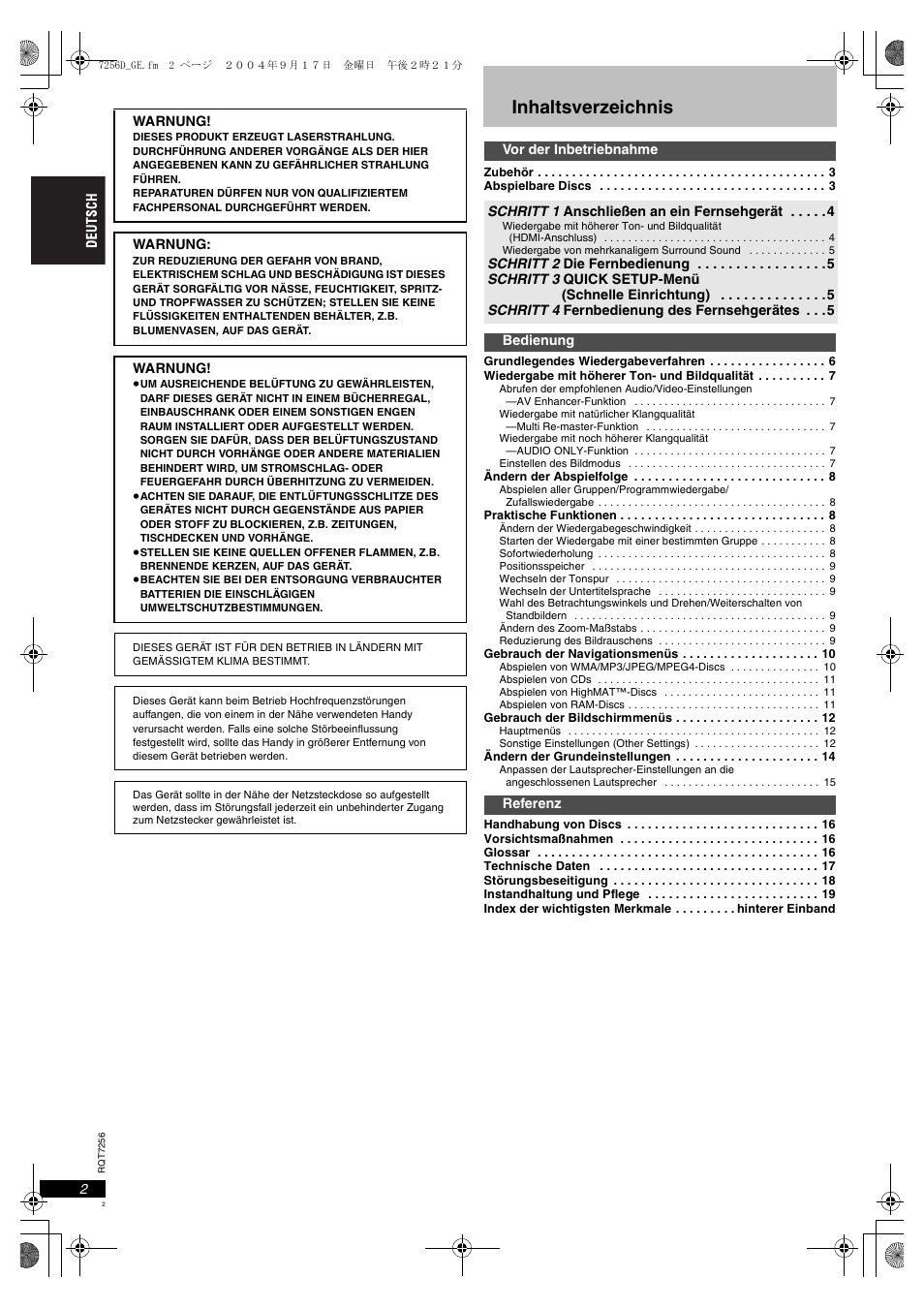 I nhaltsverzeichnis | Panasonic DVDS97EG User Manual | Page 2 / 116