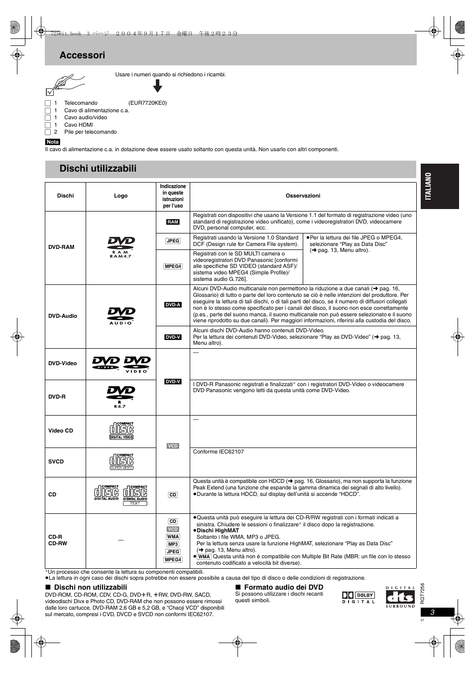 Accessori dischi utilizzabili, Accessori, Dischi utilizzabili | Panasonic DVDS97EG User Manual | Page 21 / 116