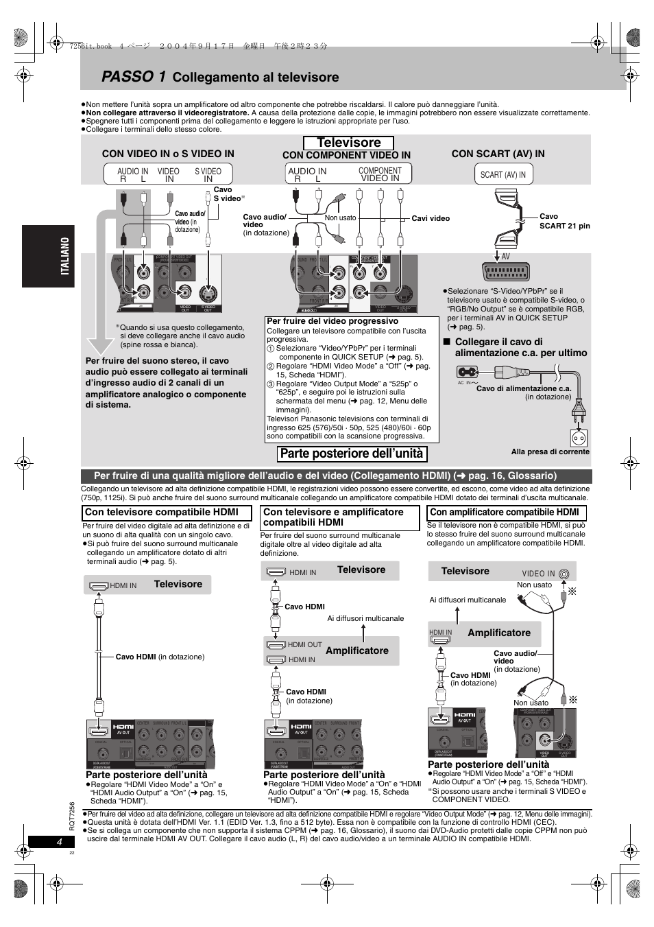 Collegamento hdmi), Passo 1, Collegamento al televisore | Televisore, Parte posteriore dell’unità, Collegare il cavo di alimentazione c.a. per ultimo, Televisore parte posteriore dell’unità, Amplificatore, Amplificatore parte posteriore dell’unità, Con televisore compatibile hdmi | Panasonic DVDS97EG User Manual | Page 22 / 116
