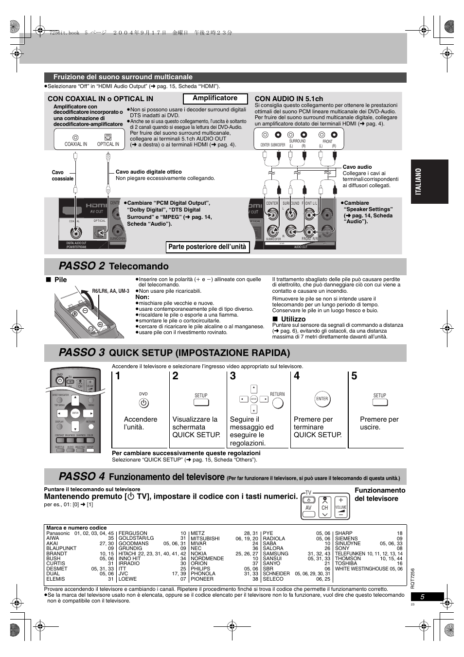 Fruizione del suono surround multicanale, G. 5), Passo 2 | Passo 3, Passo 4, Telecomando, Quick setup (impostazione rapida), Funzionamento del televisore, Con audio in 5.1ch, Pile | Panasonic DVDS97EG User Manual | Page 23 / 116