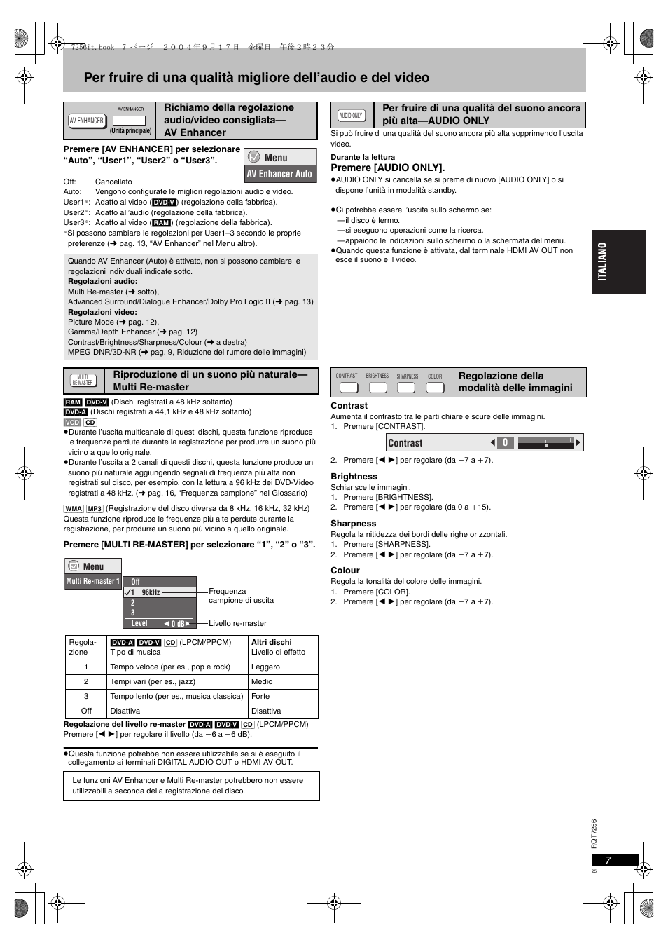 Richiamo della regolazione audio/video consigliata, Av enhancer, Audio only | Regolazione della modalità delle immagini, Pag. 7 | Panasonic DVDS97EG User Manual | Page 25 / 116