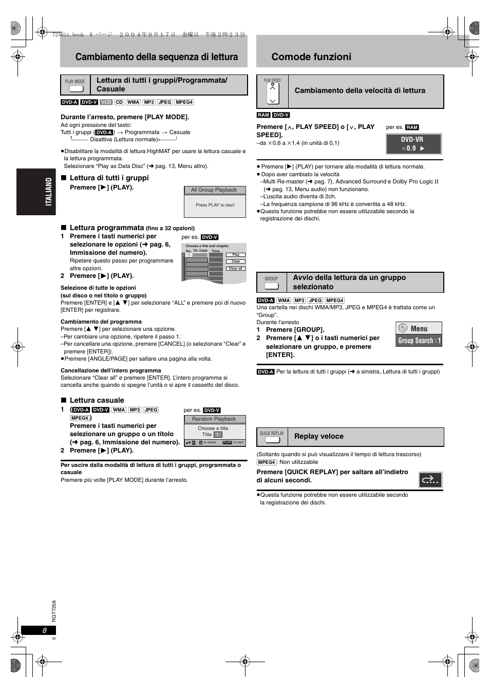 Cambiamento della sequenza di lettura, Lettura di tutti i gruppi/programmata/ca | Panasonic DVDS97EG User Manual | Page 26 / 116