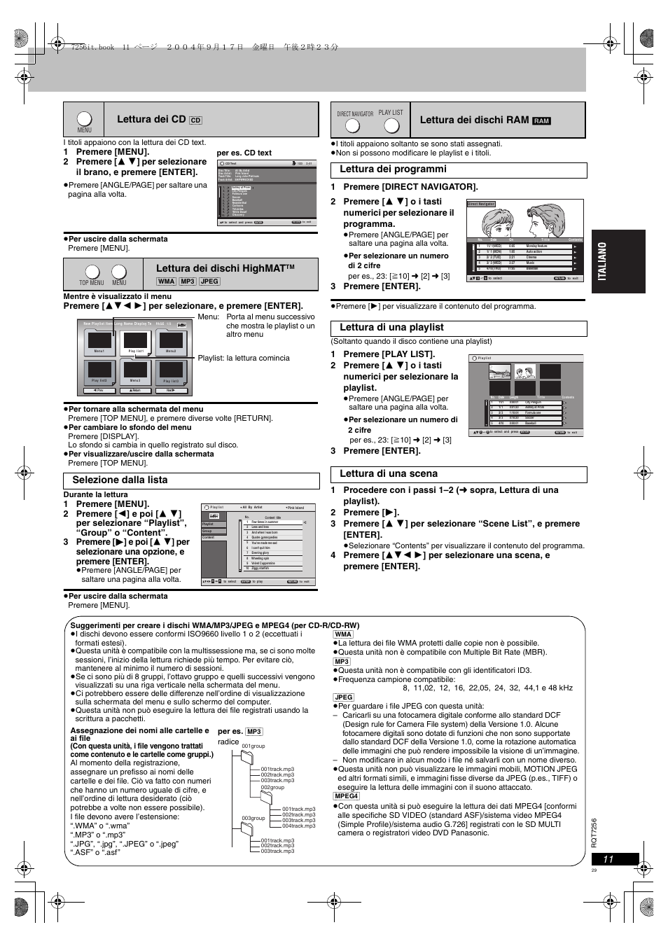 Lettura dei cd, Lettura dei dischi highmat, Lettura dei dischi ram | Pag. 11), Pag. 11, Selezione dalla lista, 3 premere [enter | Panasonic DVDS97EG User Manual | Page 29 / 116