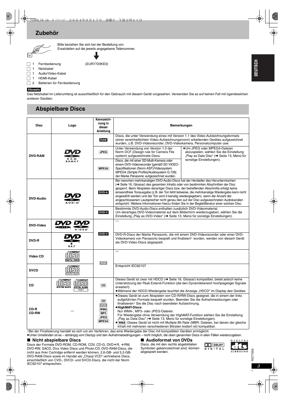 Zubehör, Abspielbare discs | Panasonic DVDS97EG User Manual | Page 3 / 116