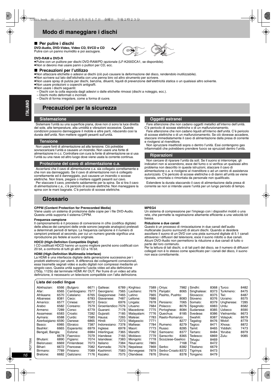 Pag. 16, gl, Modo di maneggiare i dischi, Precauzioni per la sicurezza | Glossario | Panasonic DVDS97EG User Manual | Page 34 / 116