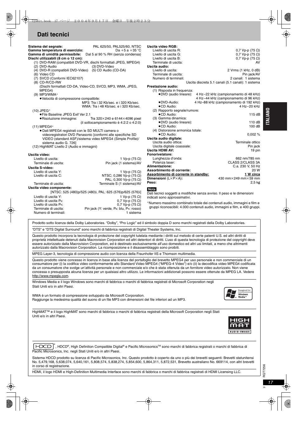 Dati tecnici | Panasonic DVDS97EG User Manual | Page 35 / 116