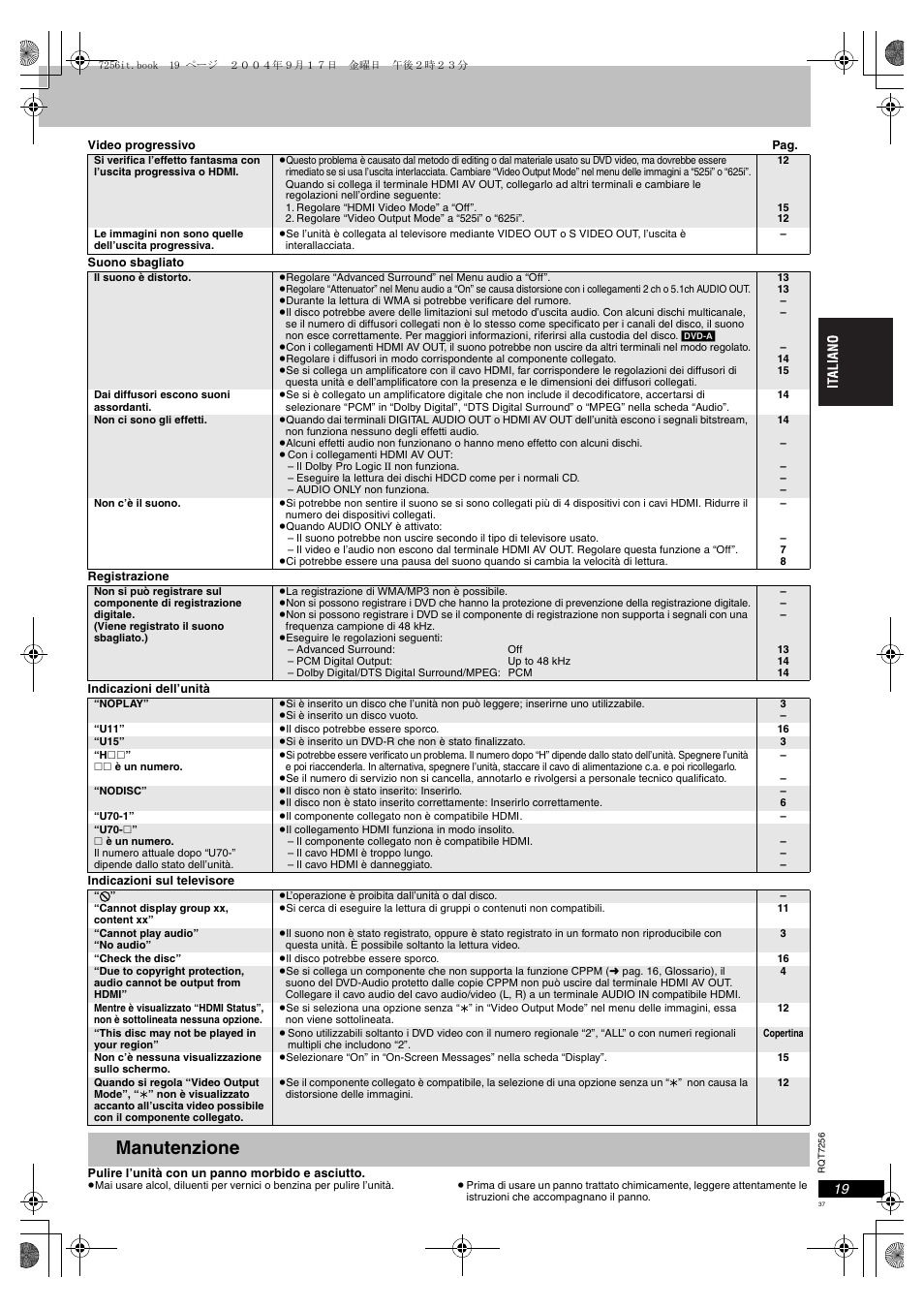 Manutenzione | Panasonic DVDS97EG User Manual | Page 37 / 116