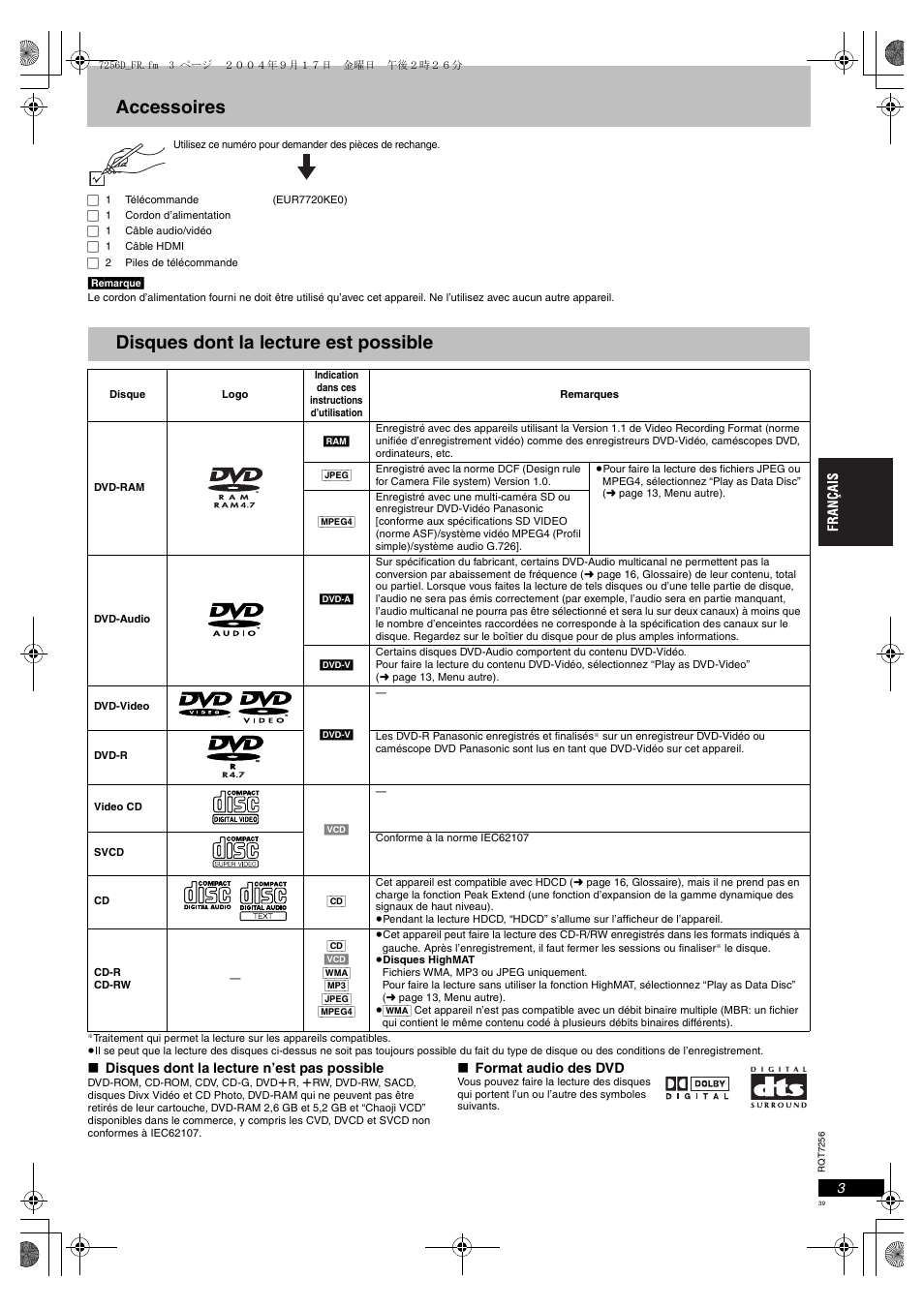 Disques dont la lecture est possible, Accessoires | Panasonic DVDS97EG User Manual | Page 39 / 116