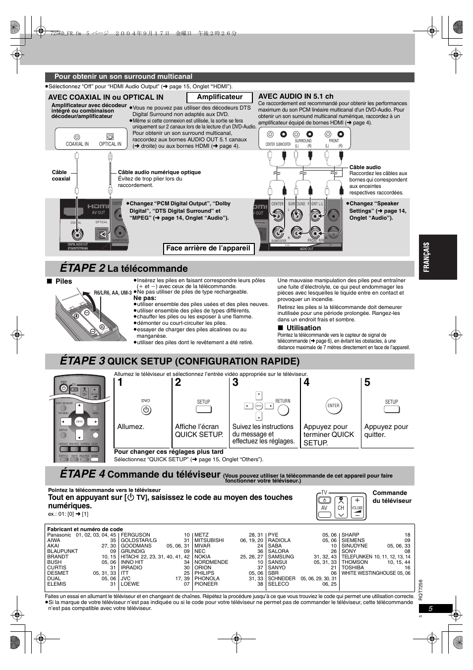 Pour obtenir un son surround multicanal, E 5), Étape 2 | Étape 3, Étape 4, La télécommande, Quick setup (configuration rapide), Commande du téléviseur, Tout en appuyant sur [ í, Saisissez le code au moyen des touches numériques | Panasonic DVDS97EG User Manual | Page 41 / 116