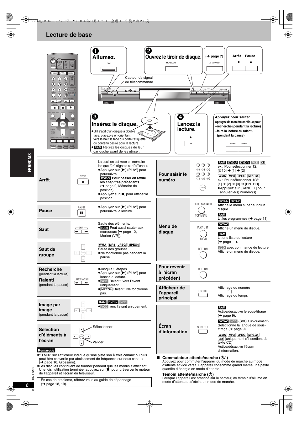 Lecture de base, Allumez, Ouvrez le tiroir de disque | Insérez le disque, Lancez la lecture, Arrêt, Pause, Saut, Saut de groupe, Recherche | Panasonic DVDS97EG User Manual | Page 42 / 116