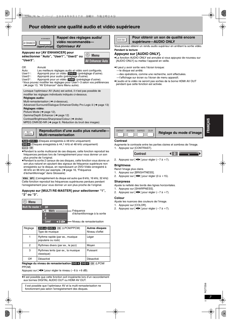 Pour obtenir une qualité audio et vidéo supérieure, Rappel des réglages audio/vidéo recommandés, Optimiseur av | Audio only, Réglage du mode d’image | Panasonic DVDS97EG User Manual | Page 43 / 116