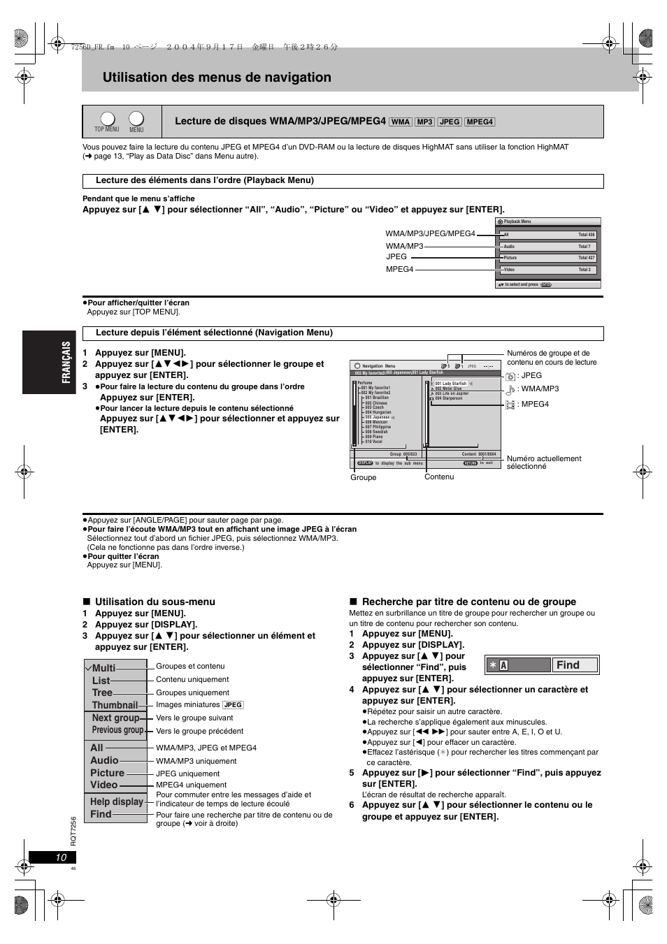 Utilisation des menus de navigation, Lecture de disques wma/mp3/jpeg/mpeg4, Find | Panasonic DVDS97EG User Manual | Page 46 / 116