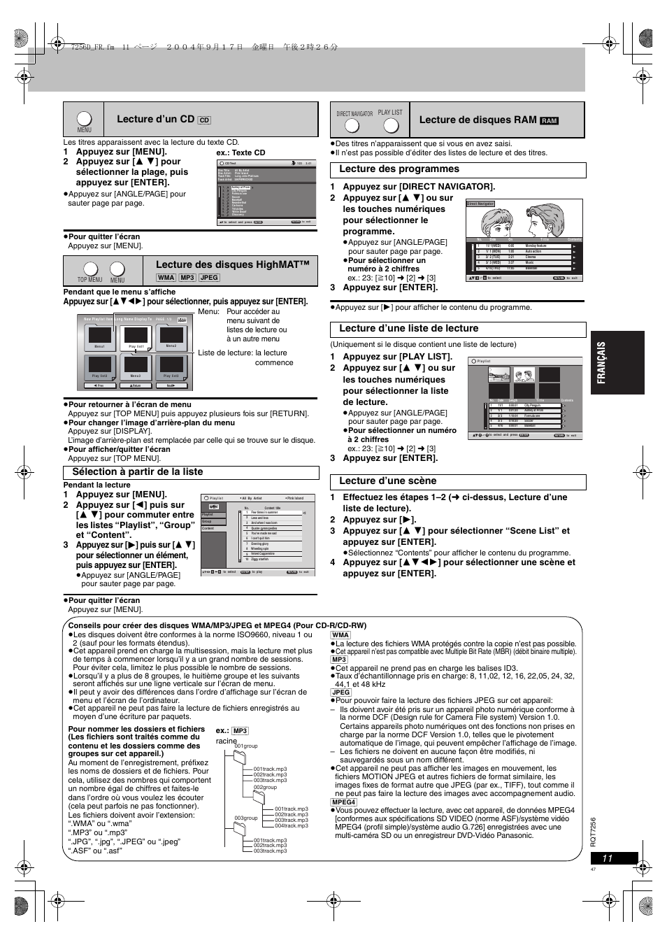 Lecture d’un cd, Lecture des disques highmat, Sélection à partir de la liste | Lecture de disques ram, 3 appuyez sur [enter | Panasonic DVDS97EG User Manual | Page 47 / 116