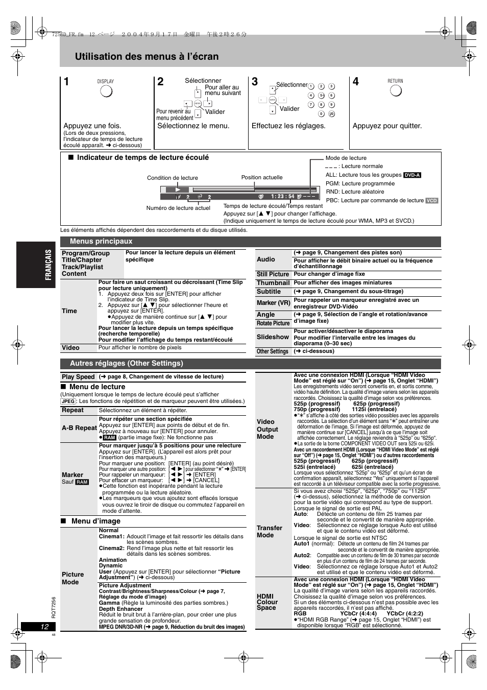 Utilisation des menus à l’écran, Menus principaux autres réglages (other settings) | Panasonic DVDS97EG User Manual | Page 48 / 116