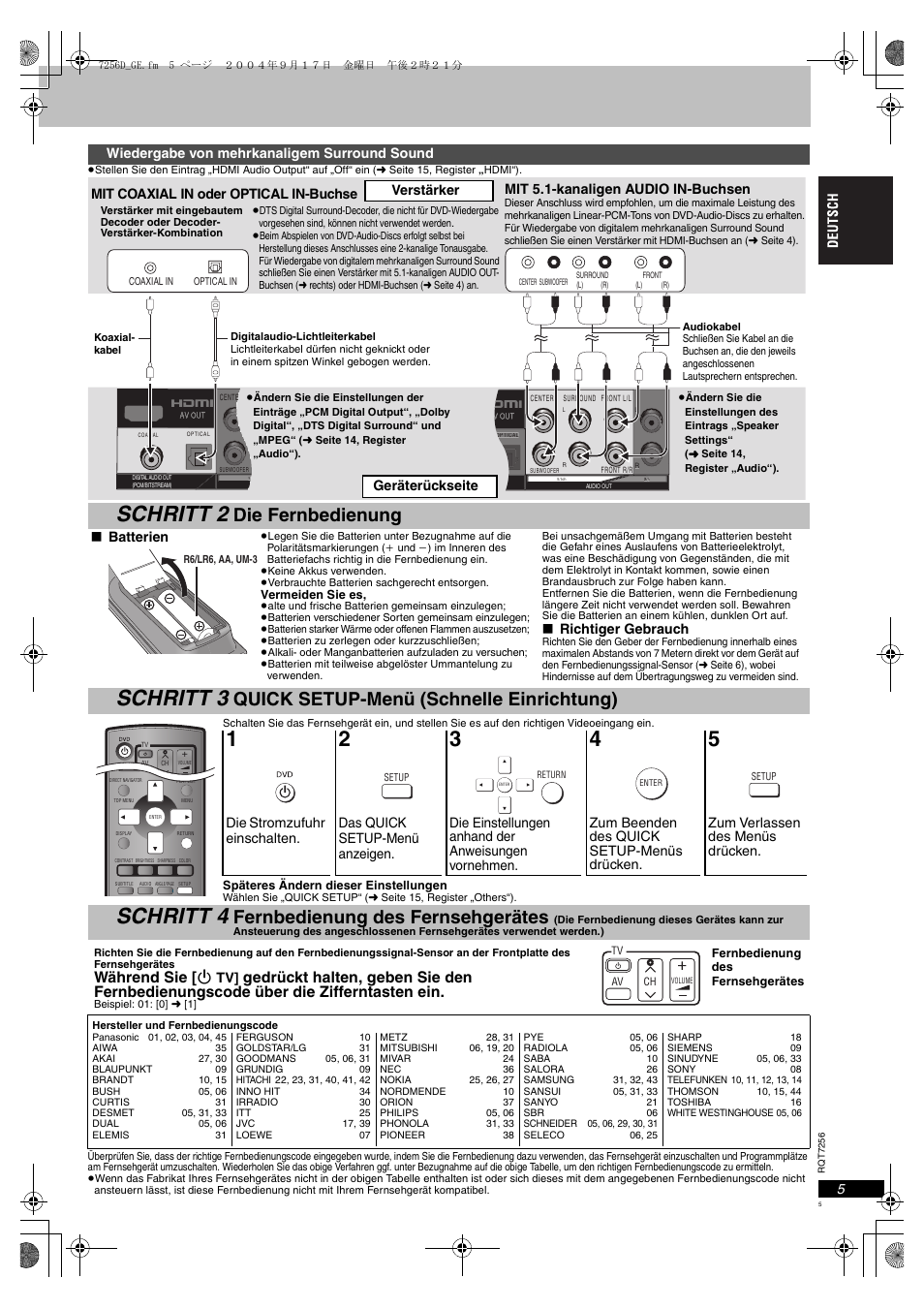 Wiedergabe von mehrkanaligem surround sound, Schritt 2, Schritt 3 | Schritt 4, Die fernbedienung, Quick setup-menü (schnelle einrichtung), Fernbedienung des fernsehgerätes, Während sie [ í, Batterien, Richtiger gebrauch | Panasonic DVDS97EG User Manual | Page 5 / 116