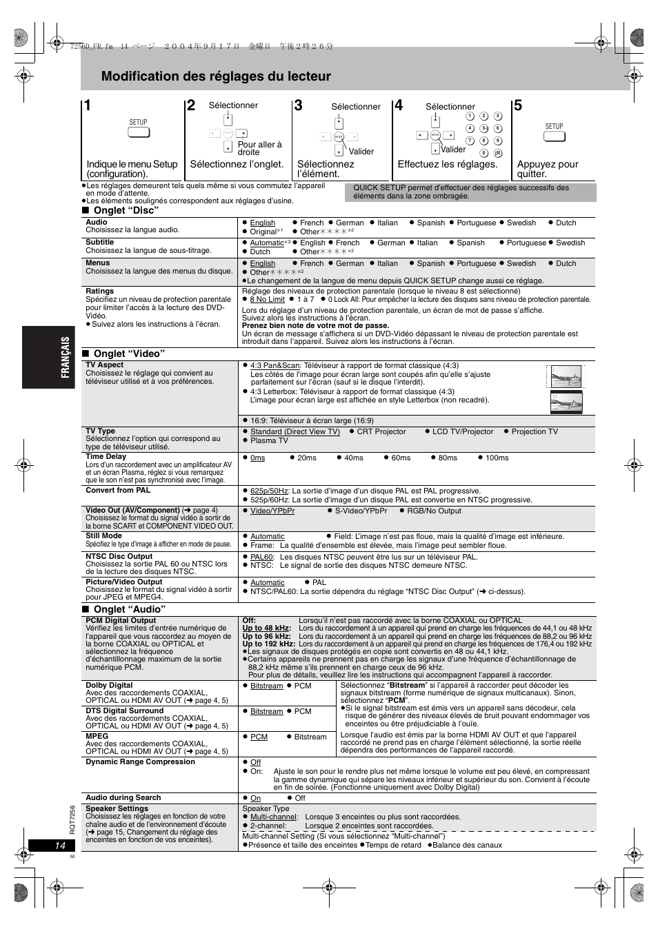 Ge 14, Modification des réglages du lecteur | Panasonic DVDS97EG User Manual | Page 50 / 116