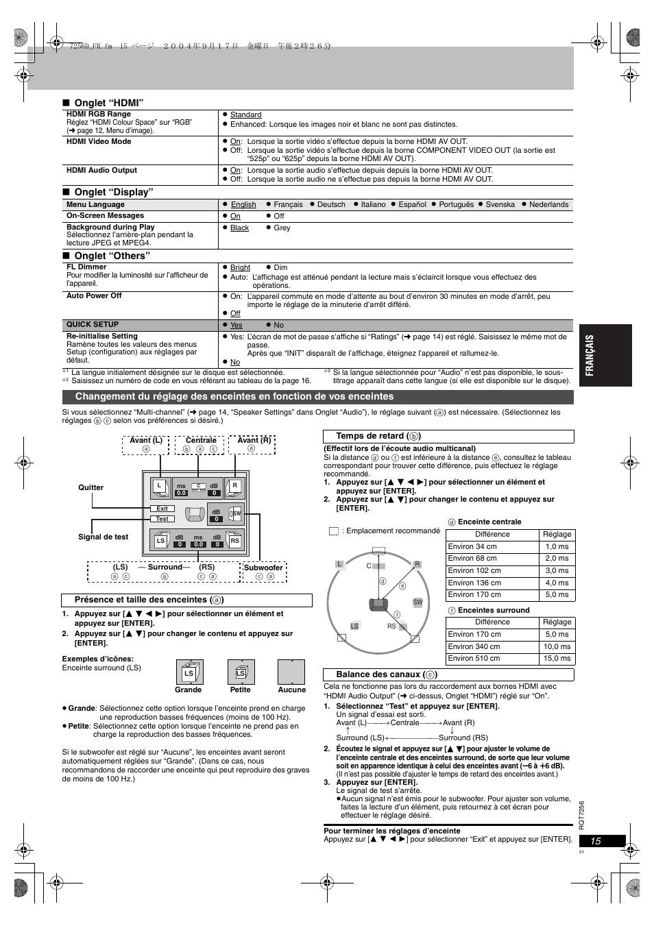 Changement du réglage des enceintes en fonction, De vos enceintes, Age 15 | E 15, o, E 15 | Panasonic DVDS97EG User Manual | Page 51 / 116